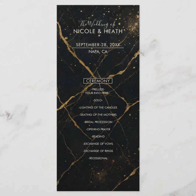 Gilded Midnight Marble Black & Gold Wedding Menu Menükarte (Vorderseite)