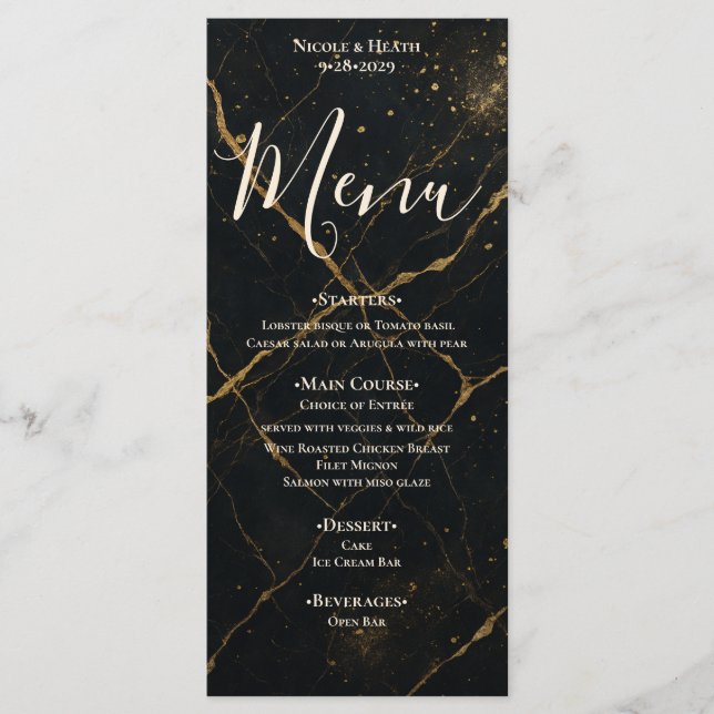 Gilded Midnight Marble Black & Gold Wedding Menükarte (Vorderseite)