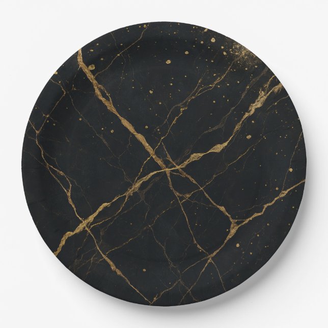 Gilded Midnight Marble Black & Gold Wedding Pappteller (Vorderseite)
