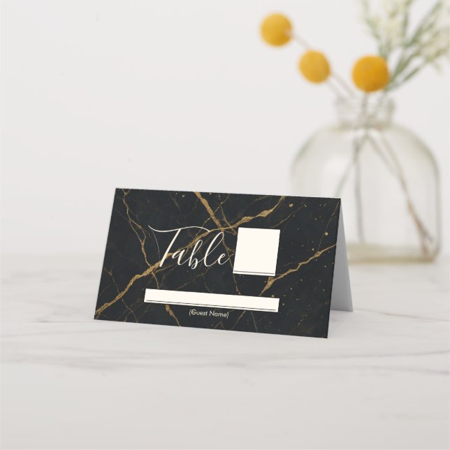 Gilded Midnight Marble Black & Gold Wedding Platzkarte (Vorderseite)