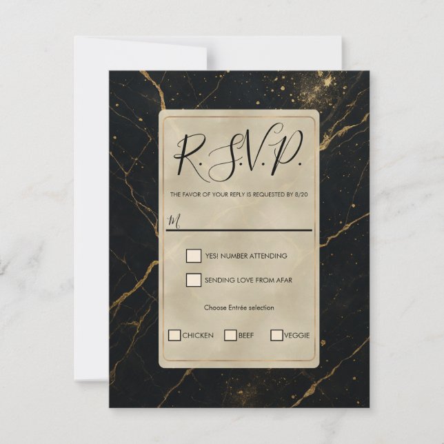 Gilded Midnight Marble Black & Gold Wedding RSVP Einladung (Vorderseite)