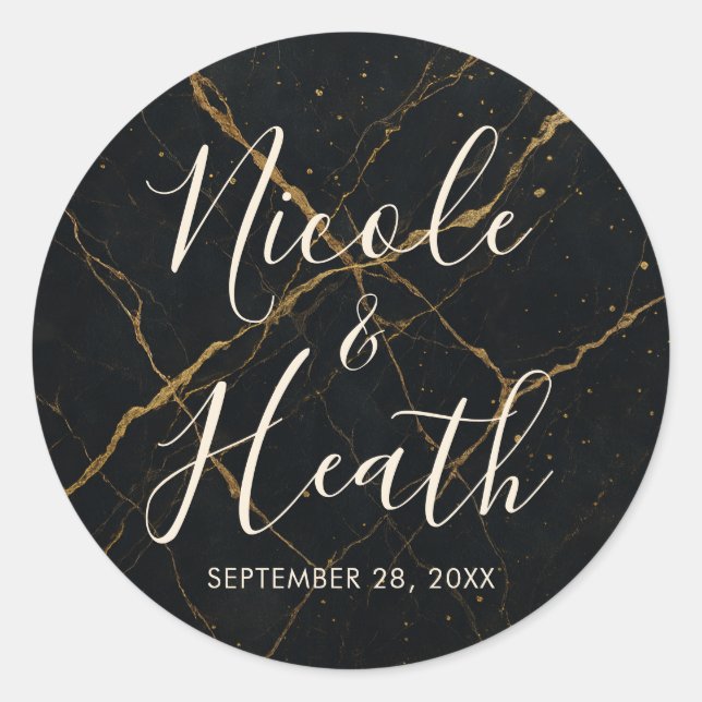 Gilded Midnight Marble Black & Gold Wedding Runder Aufkleber (Vorderseite)