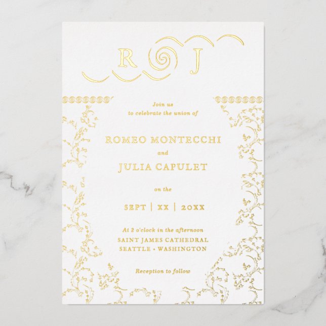 Gilded Monogram Vintag Front and Back Wedding Folieneinladung (Vorderseite)