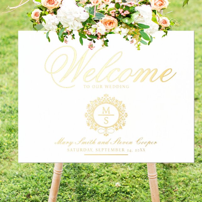 Gilded Monogram Wedding Welcome Sign Foliendrucke (I wish you happiness!)