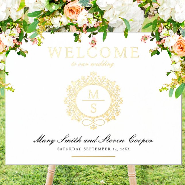 Gilded Monogram Wedding Welcome Sign Foliendrucke (I wish you happiness!)