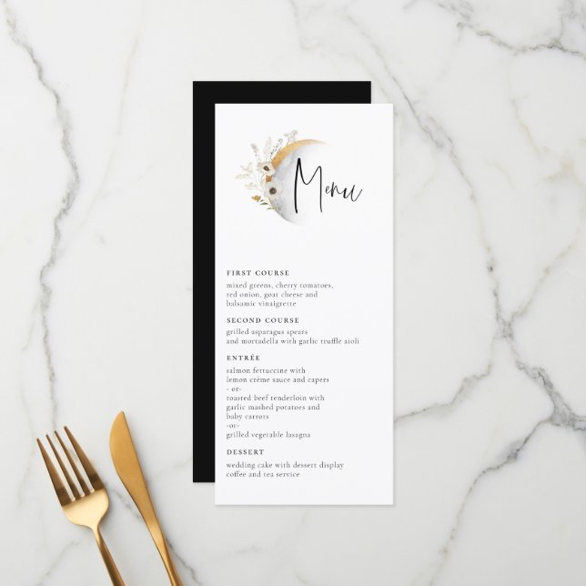 Gilded Moon Boho Floral Wedding Menu Menükarte (Vorderseite/Rückseite Beispiel)