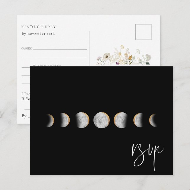 Gilded Moon Phases Wedding RSVP Song Request Einladungspostkarte (Vorne/Hinten)