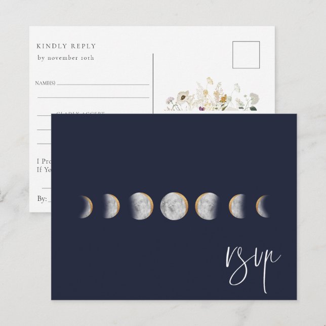 Gilded Moon Phases Wedding RSVP Song Request Einladungspostkarte (Vorne/Hinten)