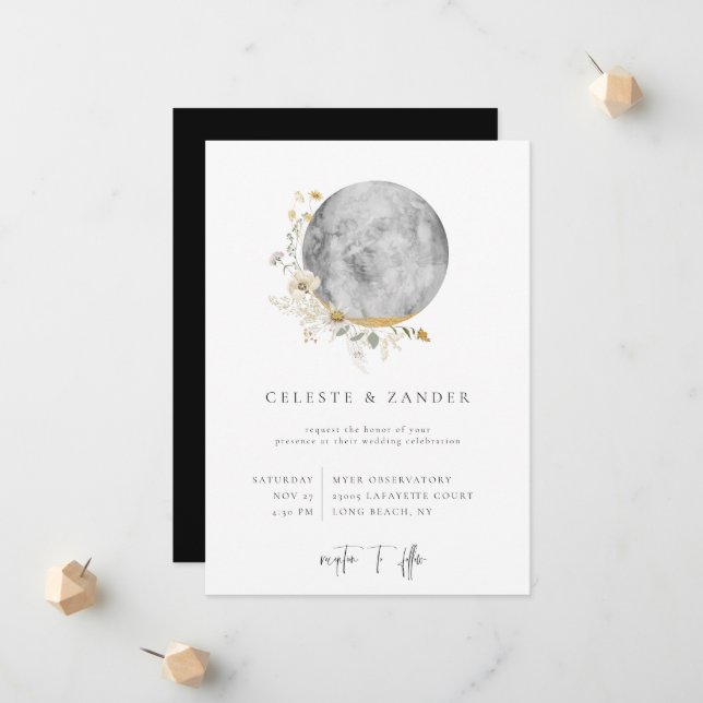 Gilded Moon Wildblume Hochzeitseinladung Ankündigung (Vorderseite/Rückseite Beispiel)