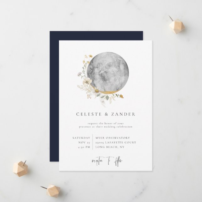 Gilded Moon Wildblume Hochzeitseinladung Ankündigung (Vorderseite/Rückseite Beispiel)