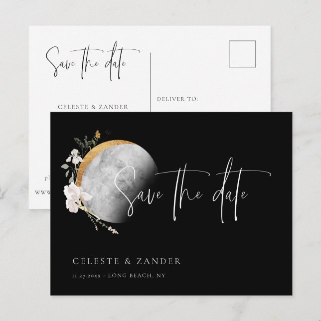 Gilded Moon Wildblume Wedding Save the Date Annou Ankündigungspostkarte (Vorne/Hinten)