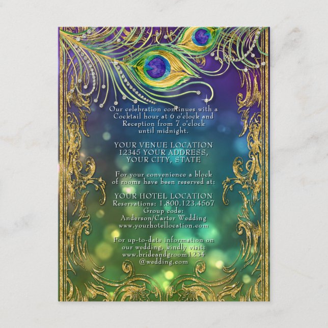 Gilded Peacock Feathers Jewel Gold Wedding Details Begleitkarte (Vorderseite)