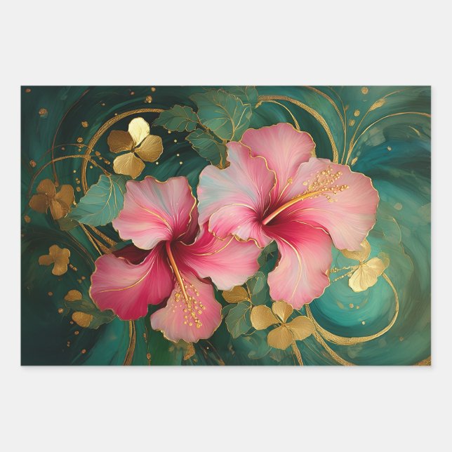 Gilded Pink Hibiskus, Coconut Grove Geschenkpapier Set (Vorderseite 2)