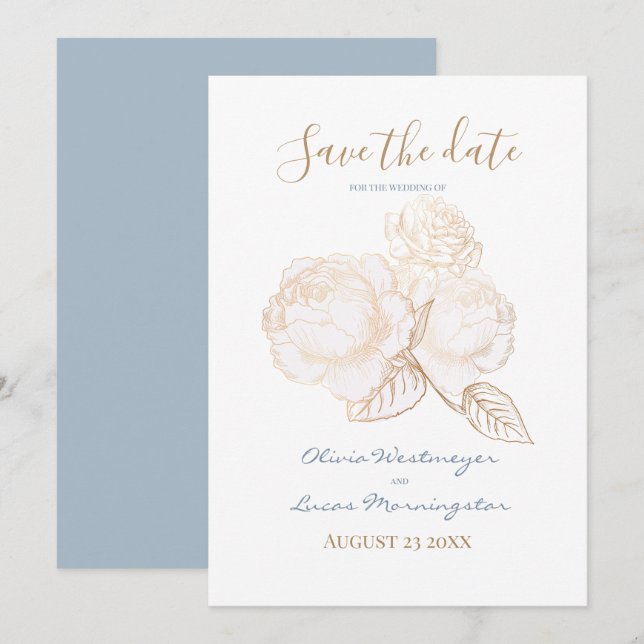Gilded Rose Dusty Blue Ivory Save the Date Einladung (Vorne/Hinten)