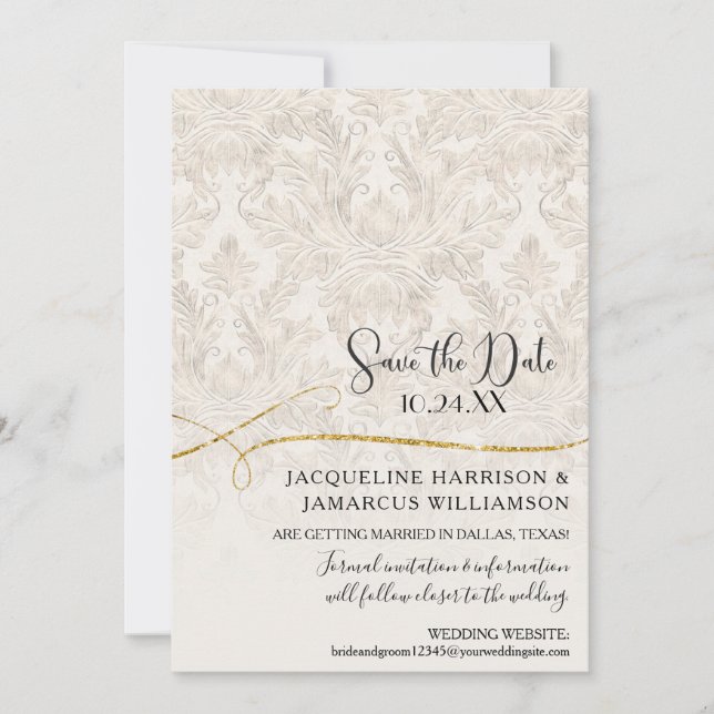 Gilded Scroll Damask Ivory Gold Save the Date (Vorderseite)