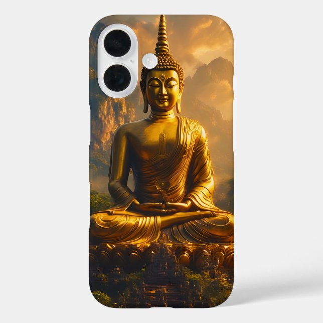 Gilded Seated Buddha Under a Sunset Sky iPhone 16 Hülle (Rückseite)