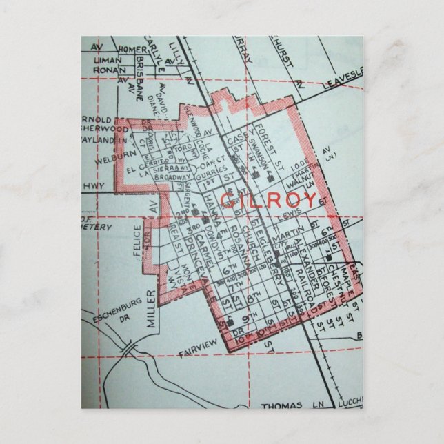 Gilroy, CA Vintag Map Postkarte (Vorderseite)
