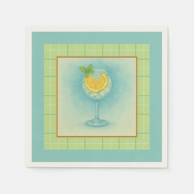 Gin & Tonic Cocktail Napkin – Mint Plaid Serviette (Vorderseite)