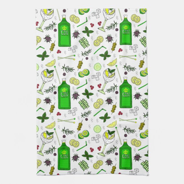 Gin und Tonic Lover Illustriert Cocktailbrille Geschirrtuch (Vertikal)
