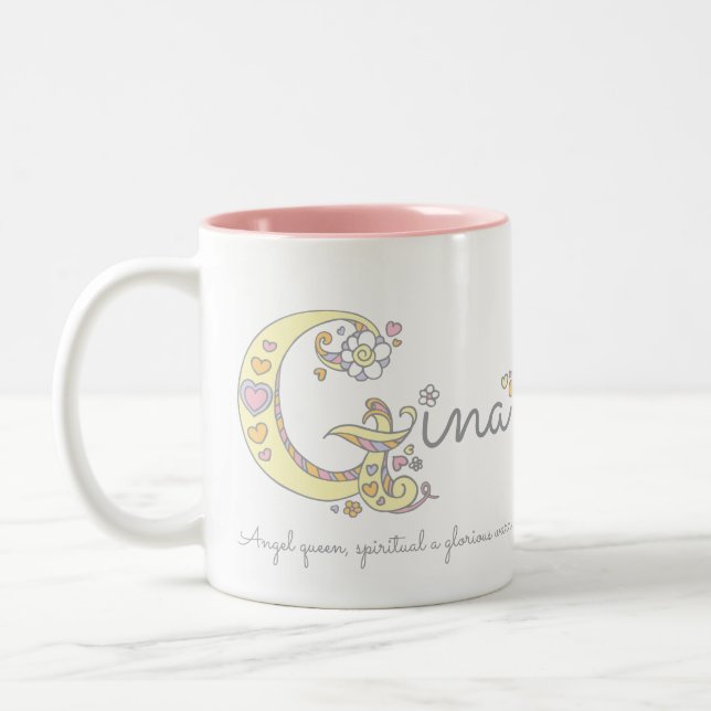 Gina-Buchstabe G-Namensbedeutungs-Monogramm-Tasse Zweifarbige Tasse (Links)