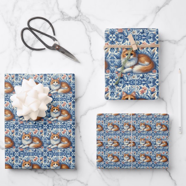 Ginger Cat Blue White Floral English Delft Geschenkpapier Set (Vorderseite)