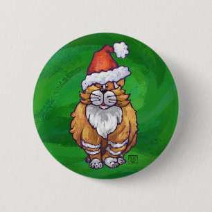 Ginger Cat Christmas On Green Button