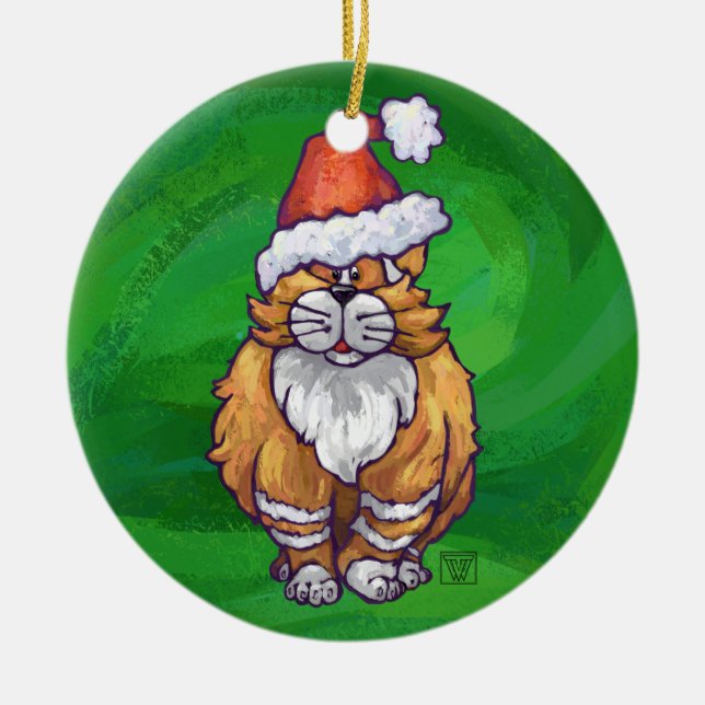 Ginger Cat Christmas on Green Keramik Ornament (Vorne)