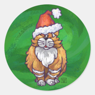 Ginger Cat Christmas on Green Runder Aufkleber