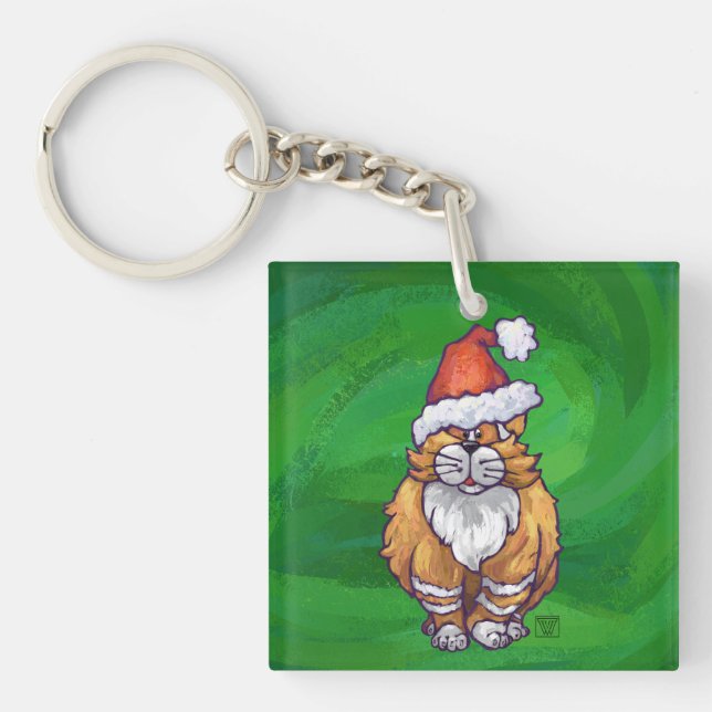 Ginger Cat Christmas on Green Schlüsselanhänger (Vorderseite)