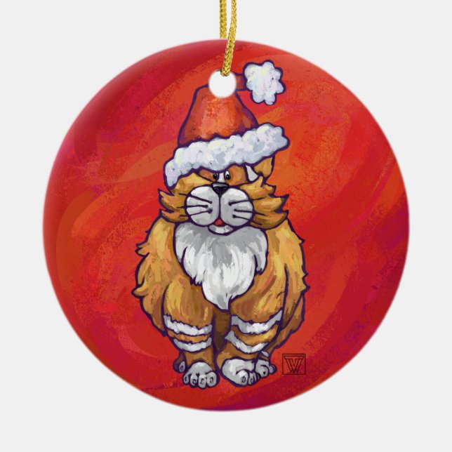 Ginger Cat Christmas On Red Keramikornament (Vorne)