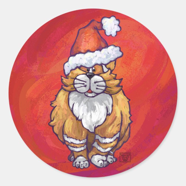 Ginger Cat Christmas On Red Runder Aufkleber (Vorderseite)