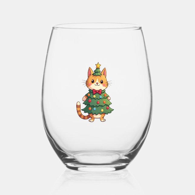 Ginger Cat Christmas Tree Cute Xmas 4 Weinglas Ohne Stiel (Vorderseite)