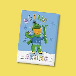 Ginger Cat Going Skiing Blue Rectangular Button