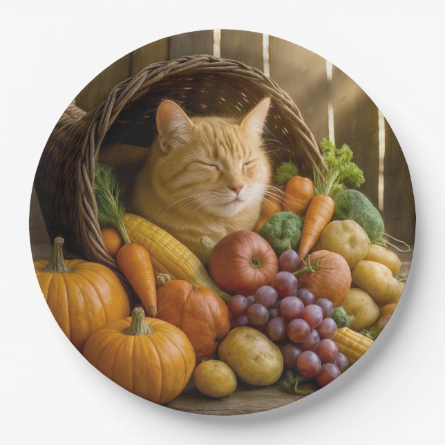 Ginger Cat In a Thanksgiving Cornucopia Pappteller (Vorderseite)