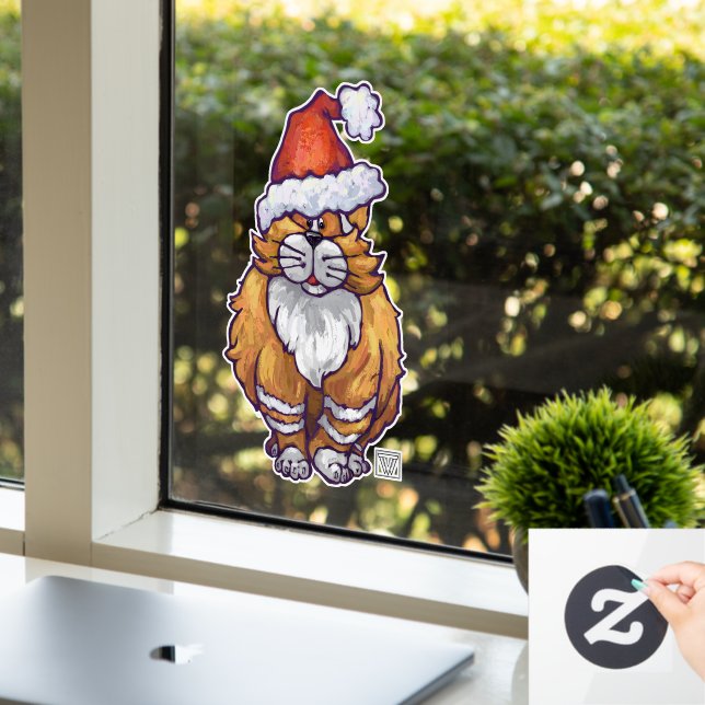 Ginger Cat in einer Weihnachtsmannmütze Weihnachts Fensteraufkleber (Büro)