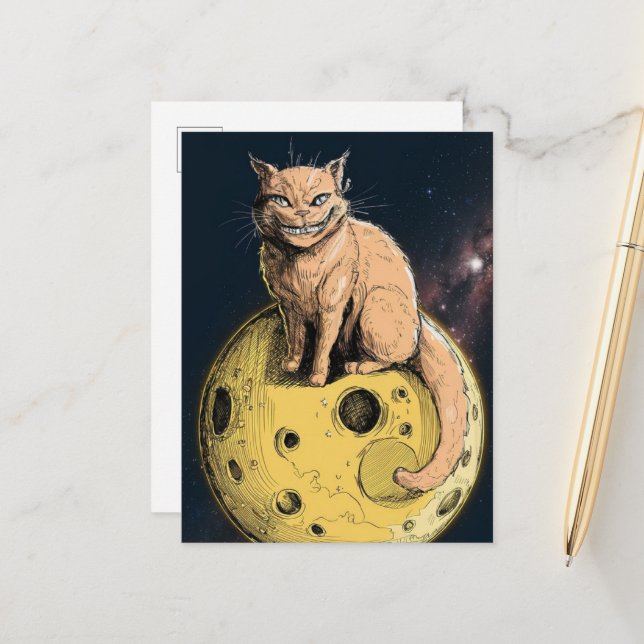 Ginger Cat lächelt auf dem Mond Postkarte (Vorderseite/Rückseite Beispiel)