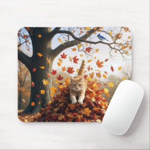 Ginger Cat Leaping Out of Herbst Leaf Pile Mousepad