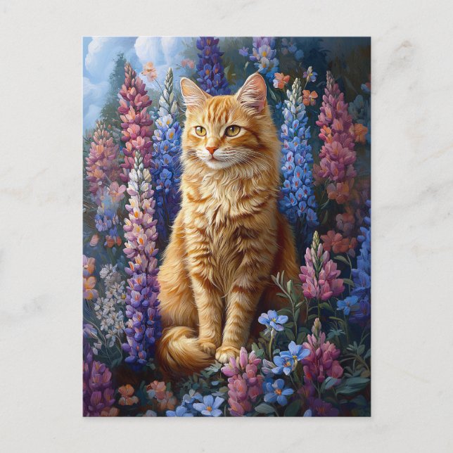 Ginger Cat Lupine Field Painting Postkarte (Vorderseite)