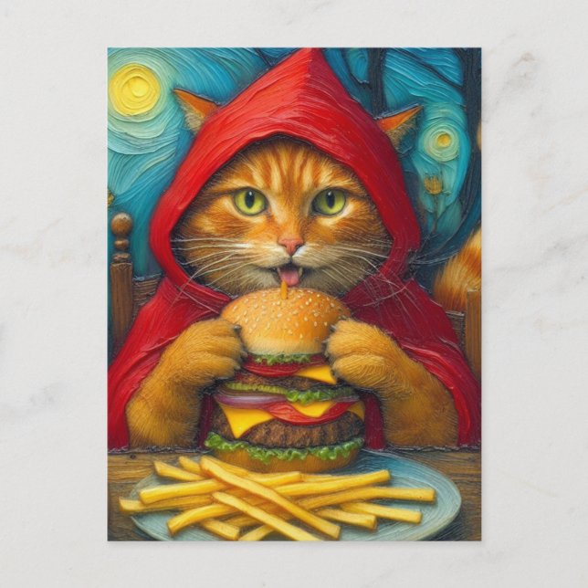Ginger Cat mit Cheeseburger und Fries Postkarte (Vorderseite)