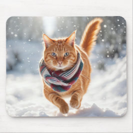 Ginger Cat On Snow Mousepad