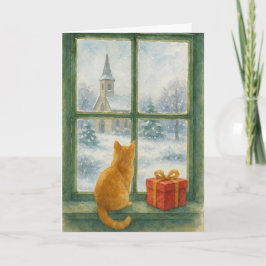 Ginger Cat overlooking a winter's scene  Feiertagskarte