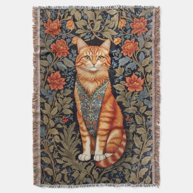 Ginger Cat William Morris Inspirierte floral Decke (Vorderseite Vertikal)