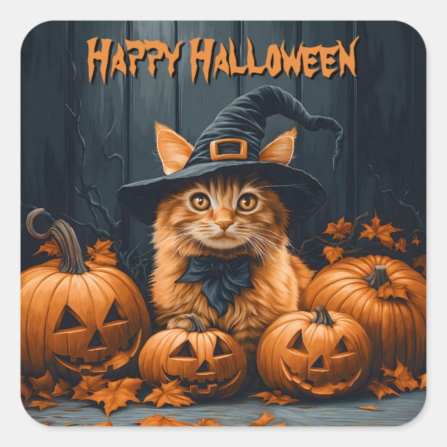 Ginger Cat with Pumpkins Halloween Quadratischer Aufkleber (Vorderseite)