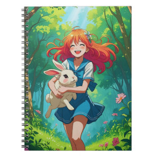 Ginger-haarige Anime Girl mit ihrem Bunny Notizblock
