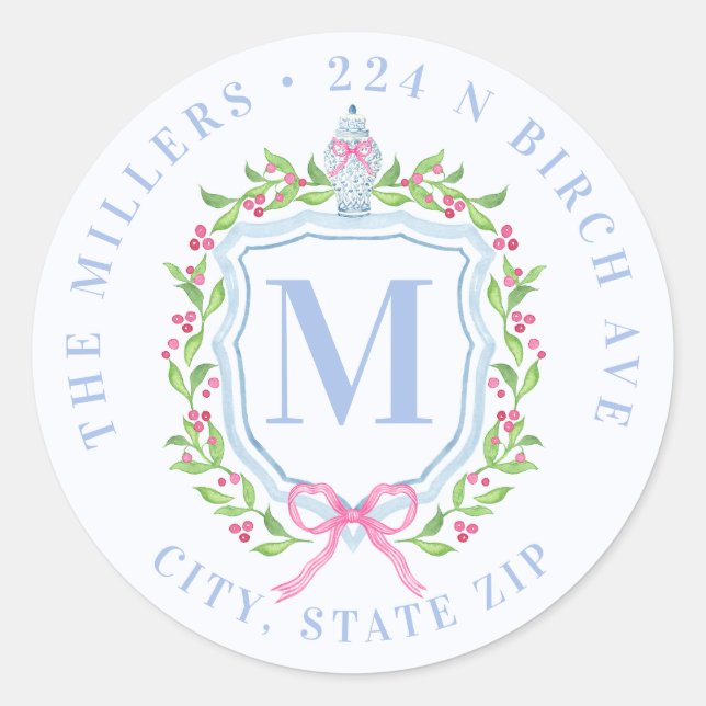 Ginger Jar & Christmas Berries Monogram-Adresse Runder Aufkleber (Vorderseite)
