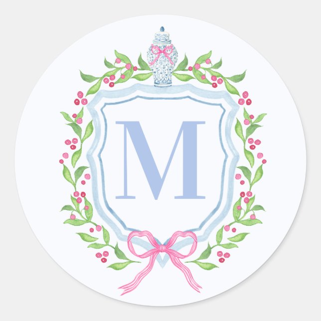 Ginger Jar & Christmas Berries Monogram Runder Aufkleber (Vorderseite)