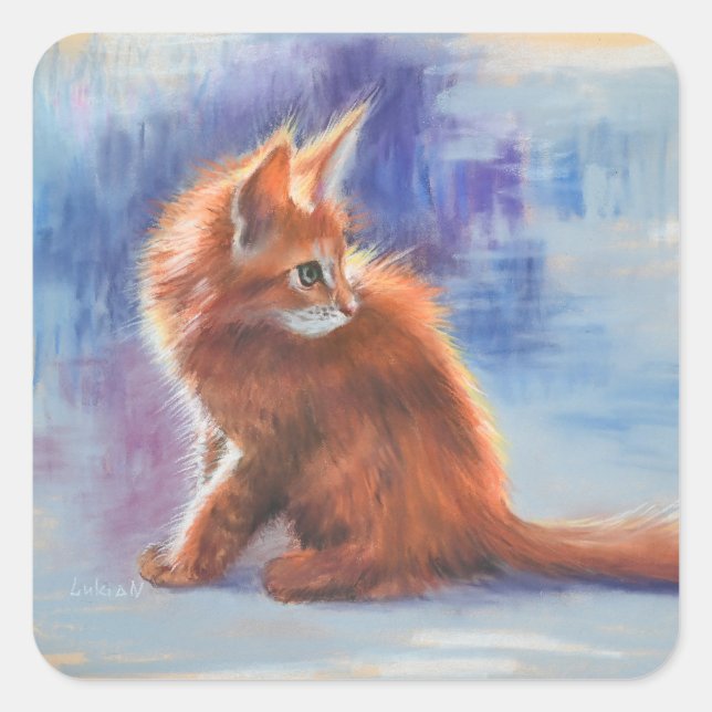 Ginger Kitten in Pastel Light Quadratischer Aufkleber (Vorderseite)