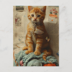 Ginger Kitten Yarn Collage Mixed Media Postkarte