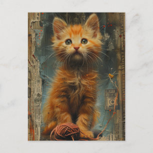 Ginger Kitten Yarn Collage Mixed Media Postkarte
