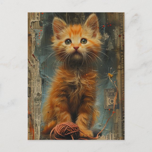 Ginger Kitten Yarn Collage Mixed Media Postkarte (Vorderseite)